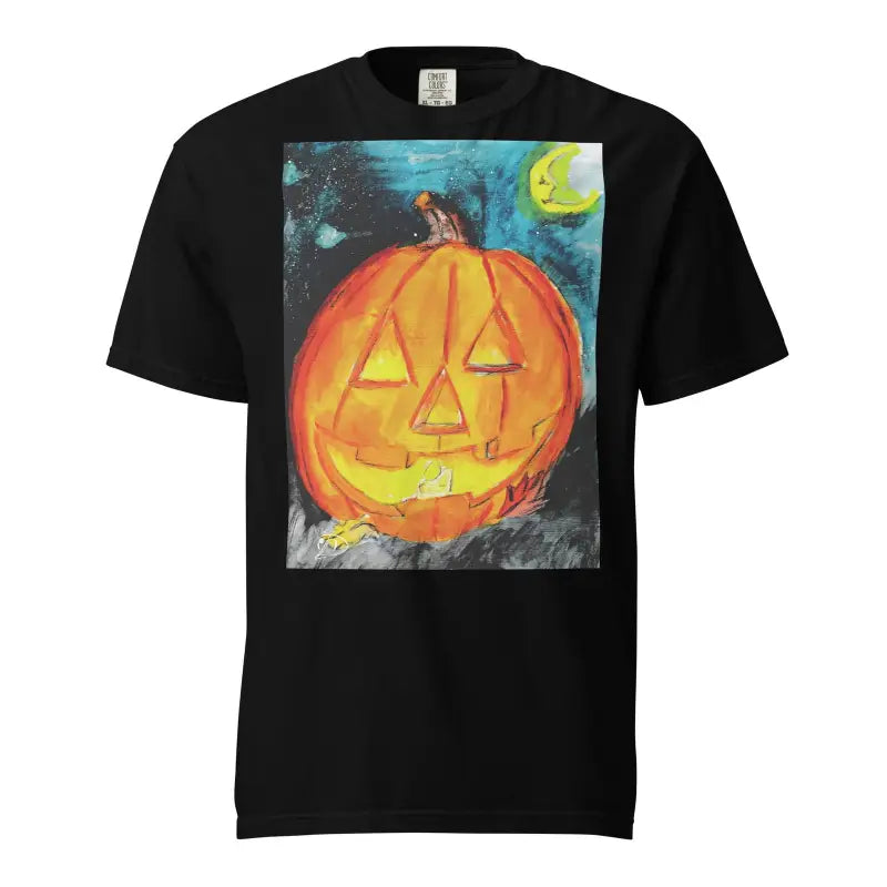 Black t-shirt featuring glowing Jack-o’-Lantern artwork by Matthew Dye Art, playful hauntingly design