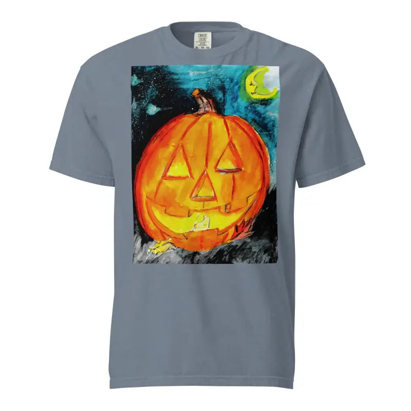 Carved jack-o-lantern pumpkin with glowing orange face on Happy Jack-o-Lantern Tee