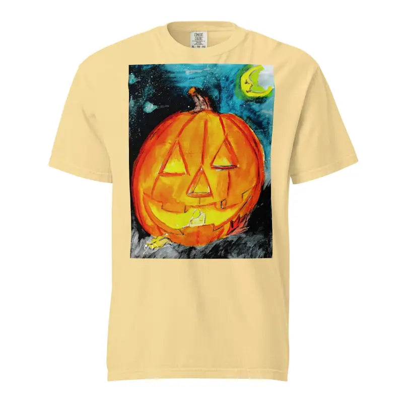 Jack-o-lantern with glowing face on Happy Jack-o-Lantern heavyweight Halloween tee