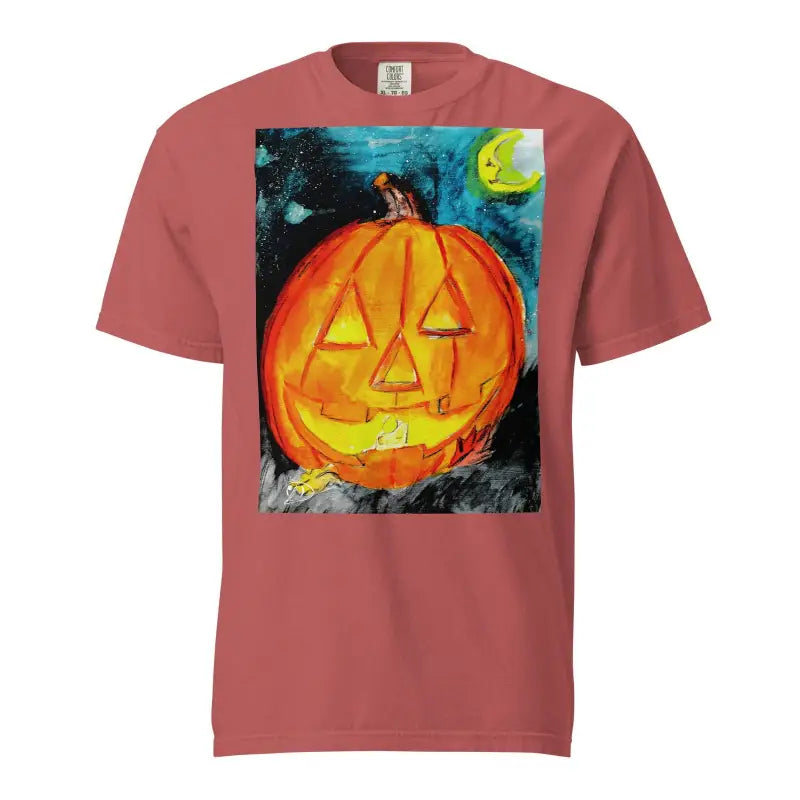 Glowing orange jack-o’-lantern by Matthew Dye Art on heavyweight unisex Halloween tee