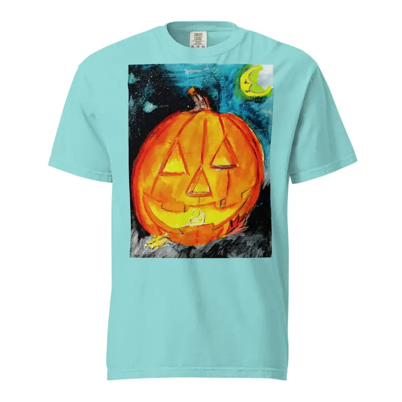 Glowing Jack-o’-Lantern design on mint green t-shirt, featuring Matthew Dye art for playful hauntingly