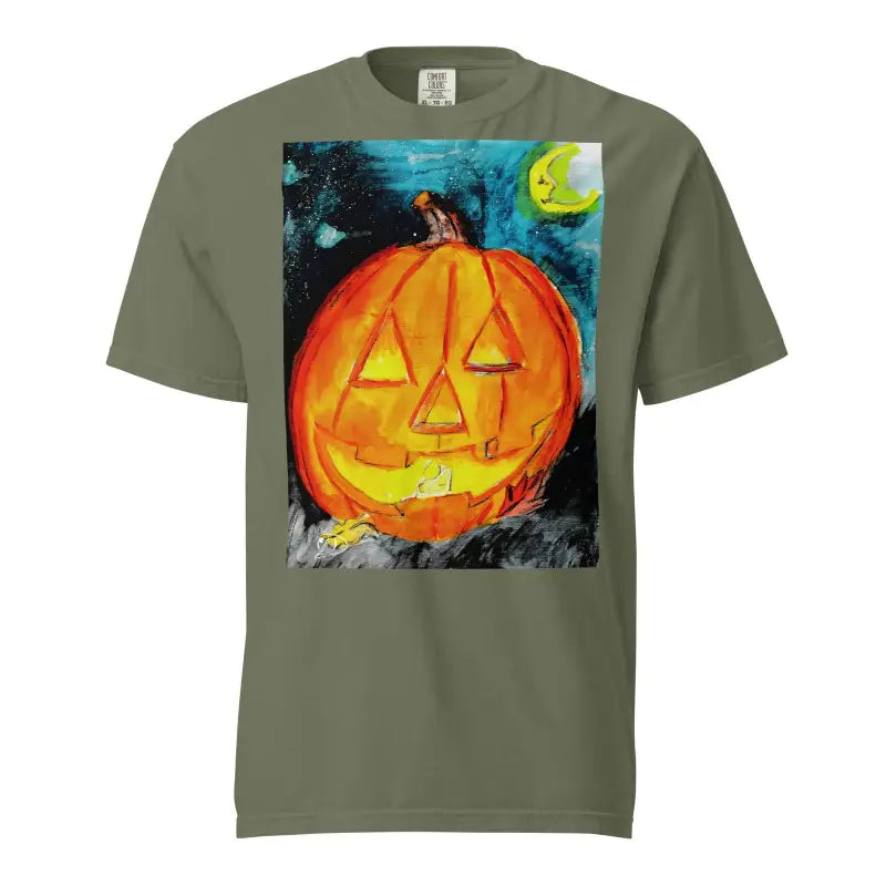 Glowing orange jack-o’-lantern with triangular eyes on Happy Jack-o’-Lantern tee by Matthew Dye Art