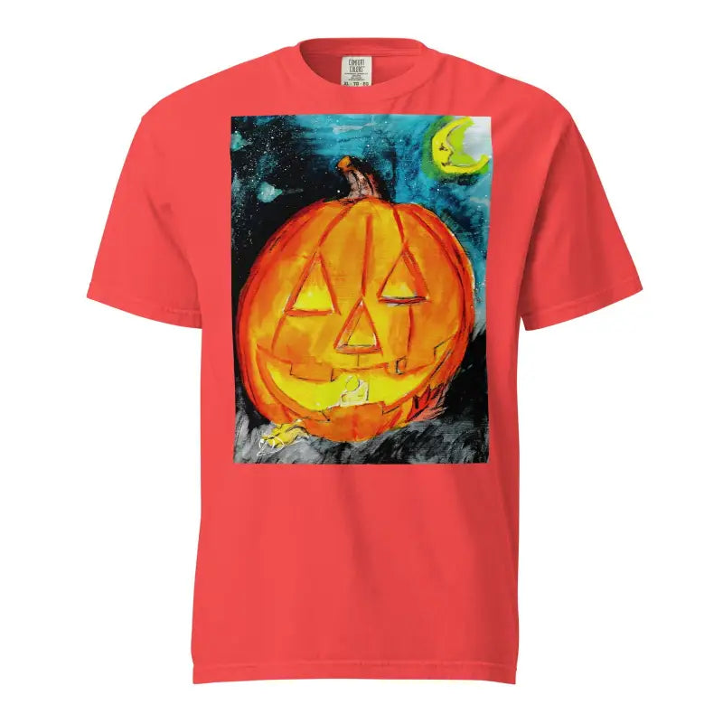 Carved jack-o-lantern pumpkin glowing face on Happy Jack-o-Lantern Tee by Matthew Dye Art