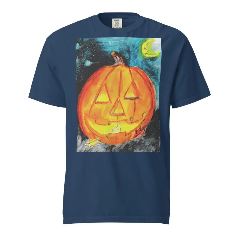 Navy blue t-shirt showcasing Matthew Dye art of a playful hauntingly jack-o’-lantern