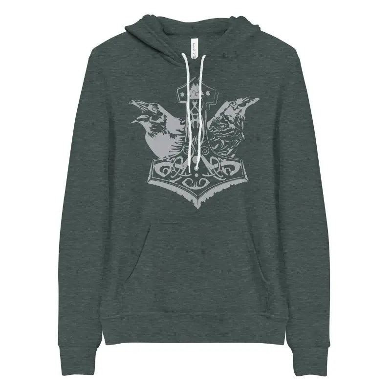 Dark green comfortable Viking unisex pullover hoodie featuring Thor’s Mjolnir and Odin’s Ravens design