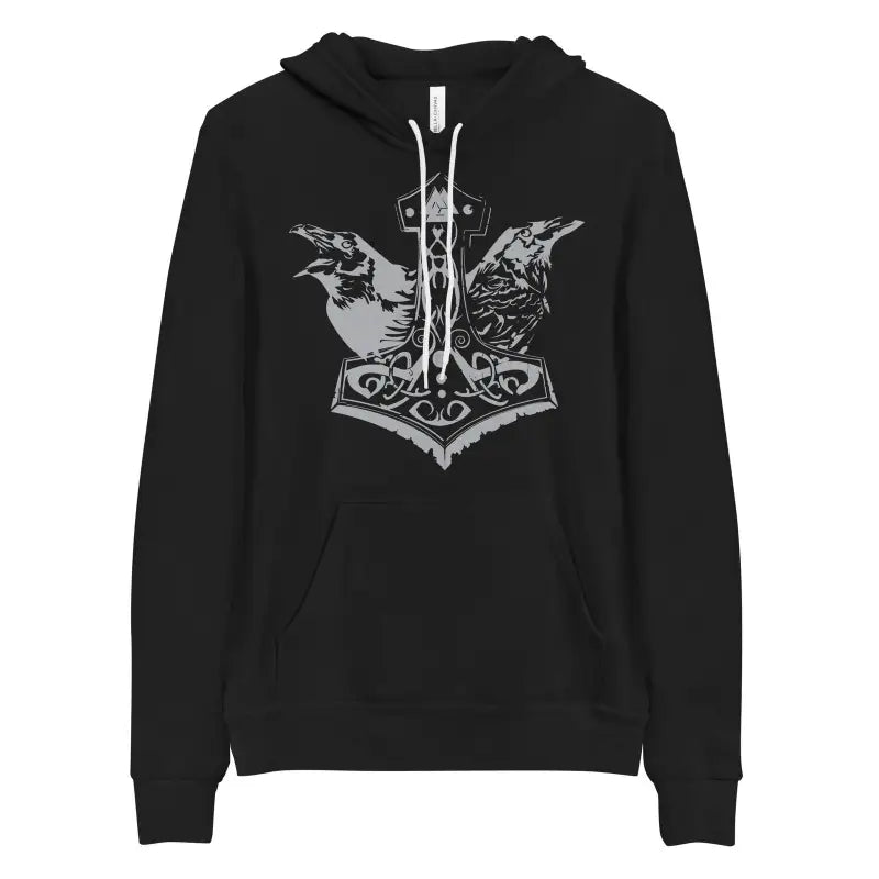 Black Viking pullover hoodie featuring Thor’s Mjolnir and Odin’s Ravens design in gray print