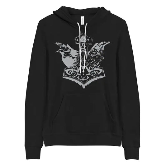 Black unisex pullover showcasing Thor’s Mjolnir with Odin’s ravens in silver print