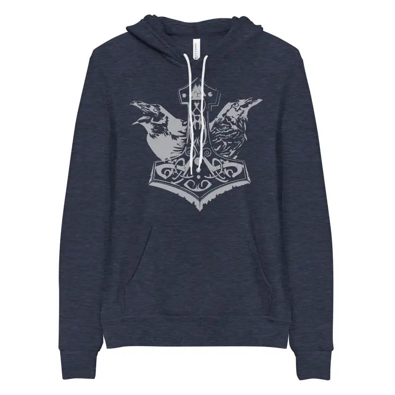 Navy blue comfortable Viking unisex pullover hoodie with Odin’s Ravens and Thor’s Mjolnir design