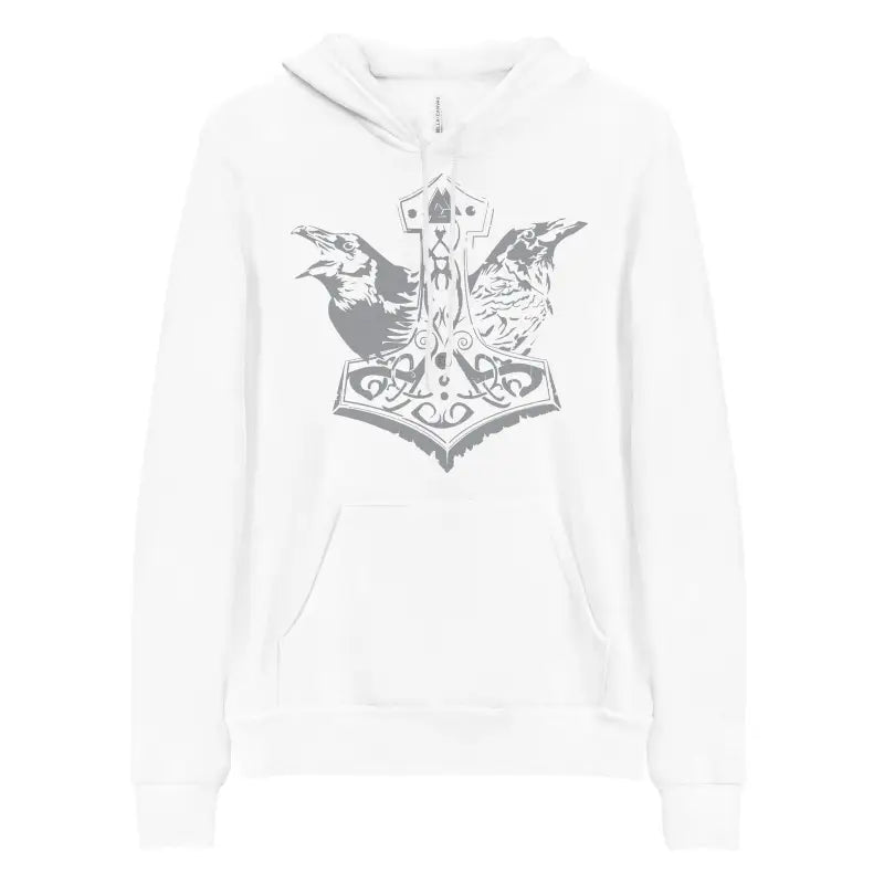 White unisex pullover featuring Thor’s Mjolnir and Odin’s ravens design