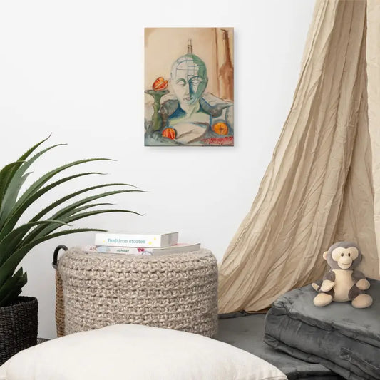 Beige knitted pouf ottoman paired with Visionary Artist’s Phrenology Canvas Print
