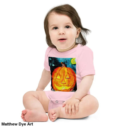 Baby in adorable jack-o’-lantern onesie made of combed ring-spun cotton for Halloween