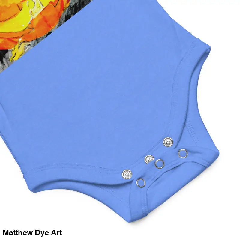 Adorable Jack-o’-lantern design on a blue baby onesie made of combed ring-spun cotton