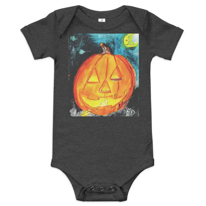 Gray baby onesie made of combed ring-spun cotton with an adorable jack-o’-lantern graphic