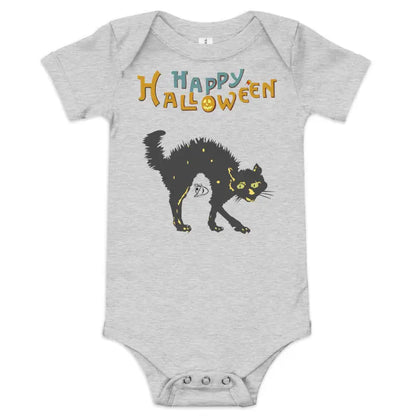 Gray baby onesie featuring Scary Cat Halloween design from Little Monster Chic