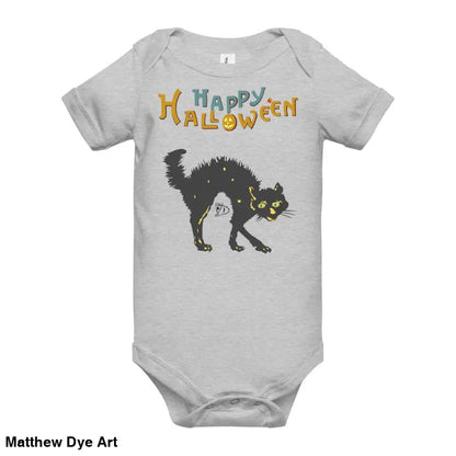 Gray baby onesie featuring Scary Cat Halloween design for enchanting spirit attire