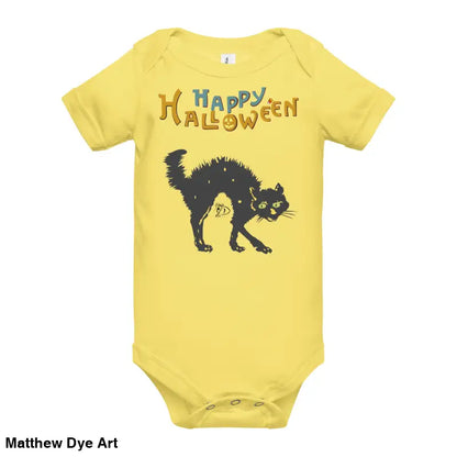 Yellow baby onesie featuring a Scary Cat Halloween graphic for enchanting spirit