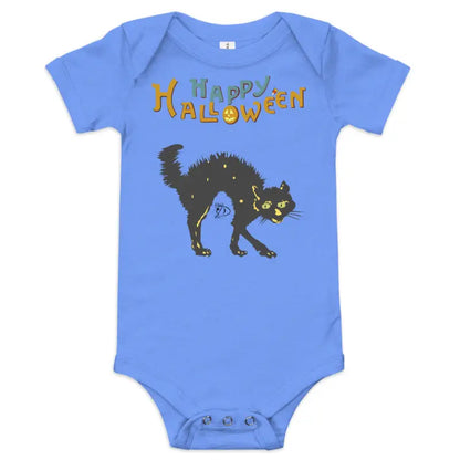Blue baby onesie featuring Scary Cat Halloween design from Little Monster Chic