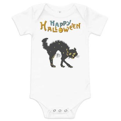 White baby onesie featuring Scary Cat Halloween design for an enchanting spirit