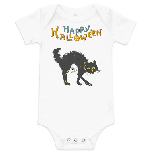 White baby onesie featuring Scary Cat Halloween design for an enchanting spirit