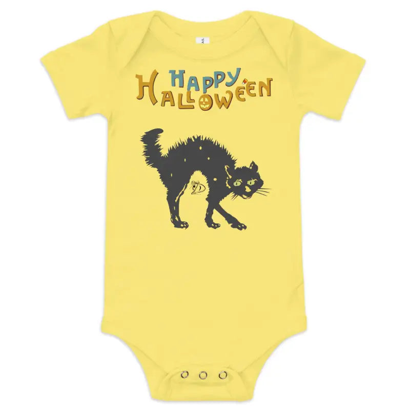 Yellow baby onesie featuring a Scary Cat Halloween graphic for festive charm