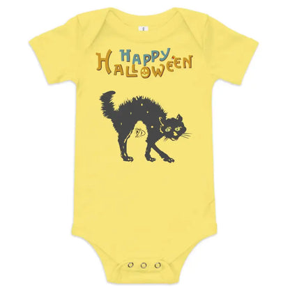 Yellow baby onesie featuring a Scary Cat Halloween graphic for festive charm