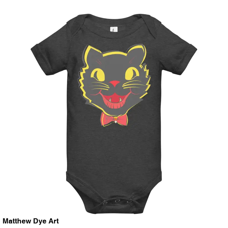 Black baby onesie featuring a vintage black cat graphic for Halloween celebrations