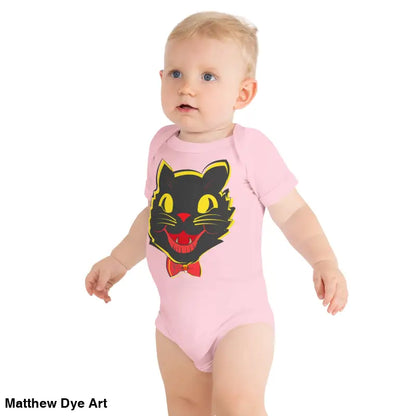 Baby in pink cat onesie from Little Pumpkin features a vintage black cat design
