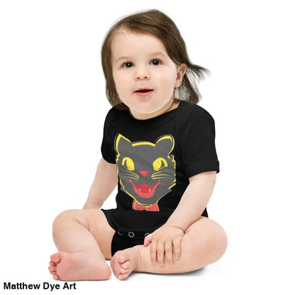 Baby in vintage black cat onesie featured in Little Pumpkin Cat Baby One-Piece