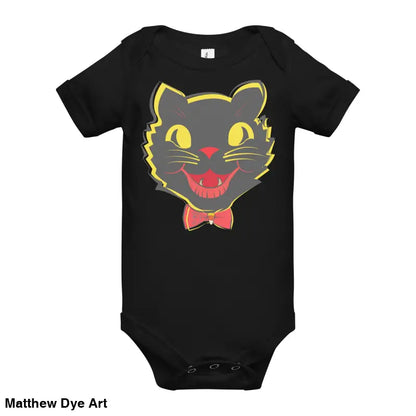 Black baby onesie featuring a vintage black cat graphic for Halloween festivities