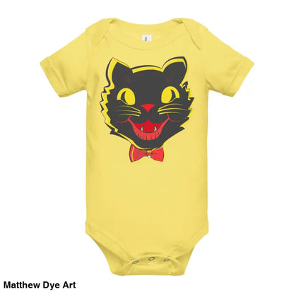 Yellow baby onesie featuring a vintage black cat graphic for Halloween celebrations