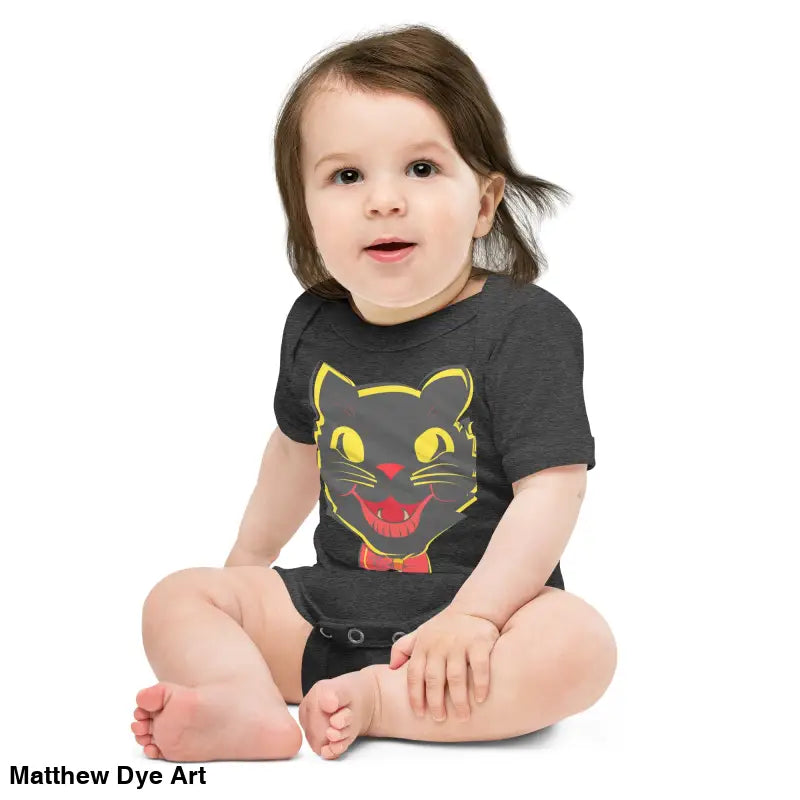 Baby in vintage black cat baby one-piece outfit for Halloween festivities