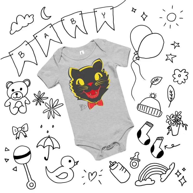 Gray baby onesie with black cat design and yellow accents for Halloween joy