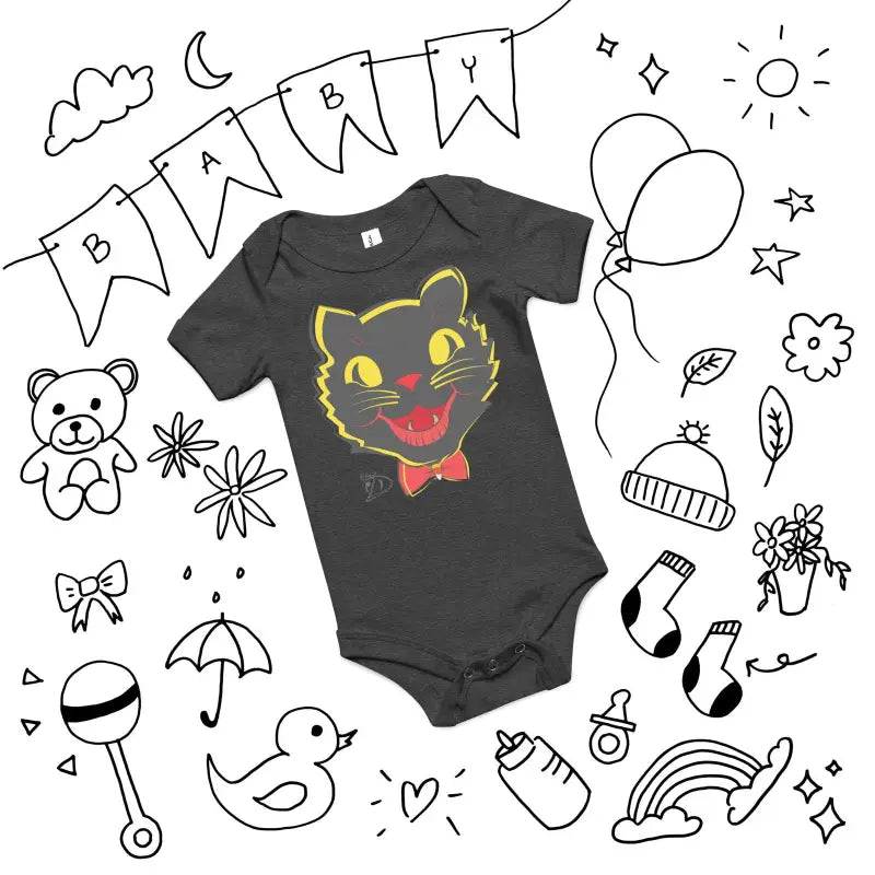 Whimsical Vintage Black Cat Baby One-Piece featuring a yellow cat face design