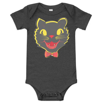 Gray baby onesie featuring a vintage black cat graphic for Halloween celebrations