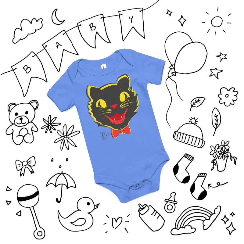 Blue baby onesie featuring a vintage black cat design with yellow accents and a bowtie