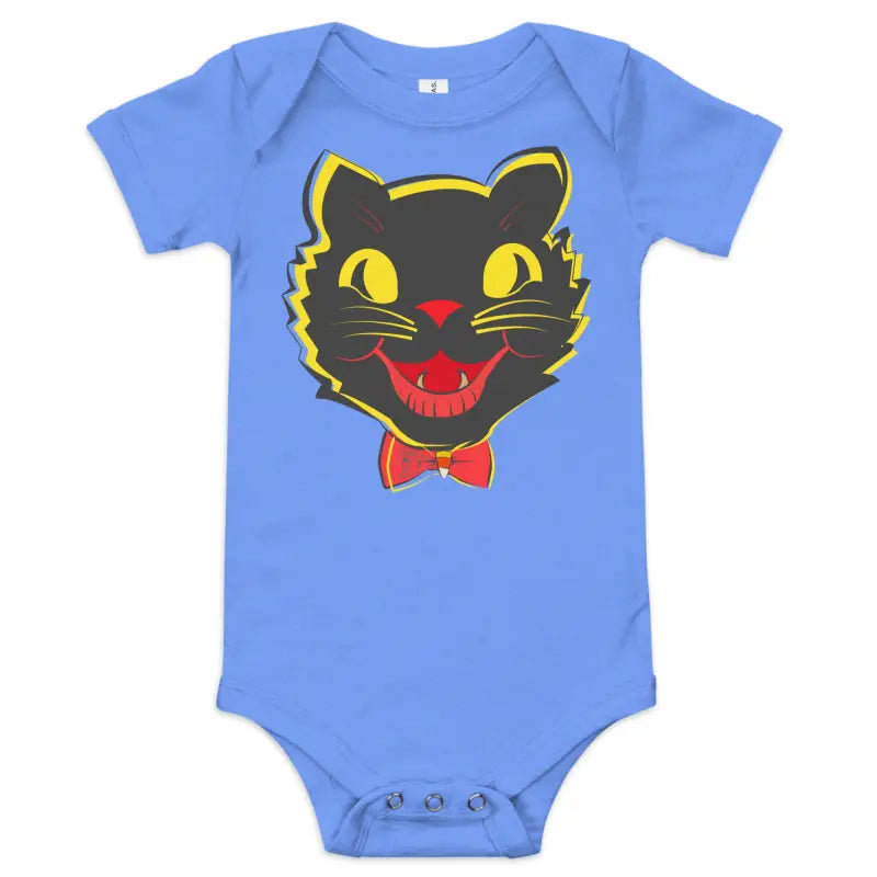 Blue baby onesie featuring a vintage black cat graphic for Halloween-themed attire