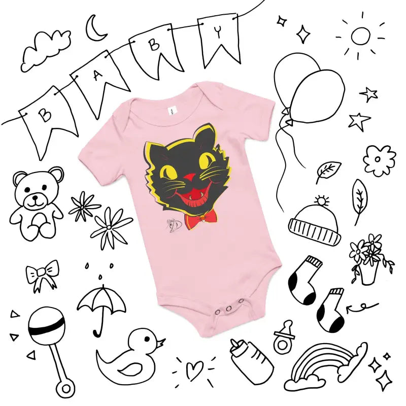 Pink baby onesie with a black cat face design and yellow accents for Halloween joy