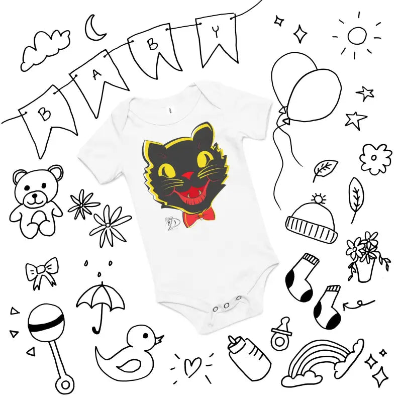 White baby onesie with vintage black cat design and yellow accents for Halloween