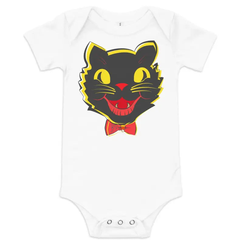 White baby onesie with vintage black cat graphic from Little Pumpkin collection