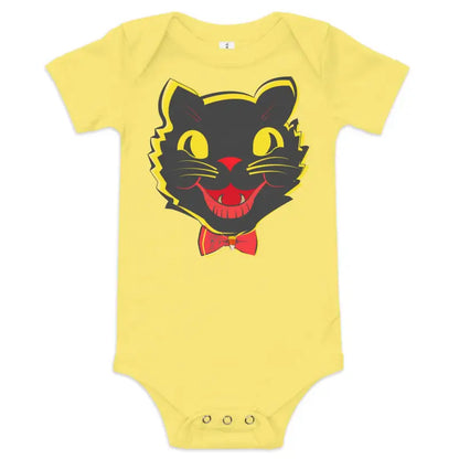 Yellow baby onesie featuring a vintage black cat graphic for Halloween celebrations