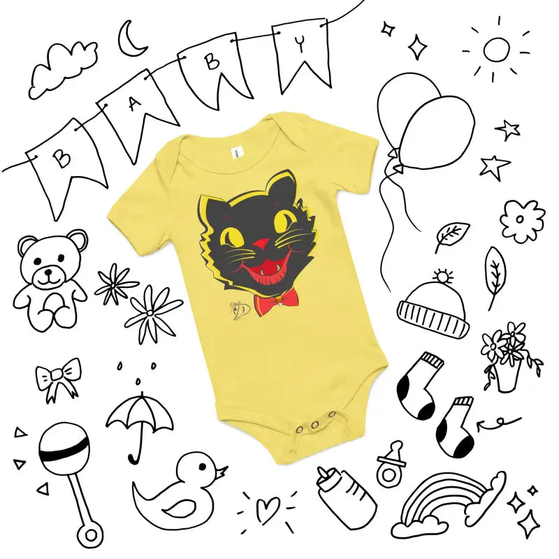 Yellow baby onesie featuring a whimsical vintage black cat design for Halloween joy