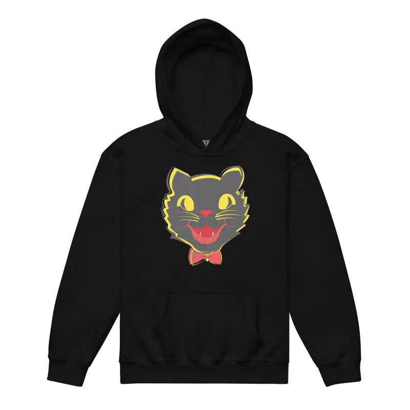 Black hoodie with cat graphic from Little Trickster, a vintage cat youth design
