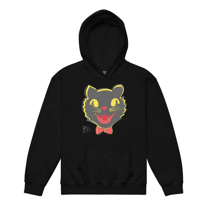 Black hoodie sweatshirt with cartoon cat face and red bow tie for Vintage Cat Youth comfort entwined