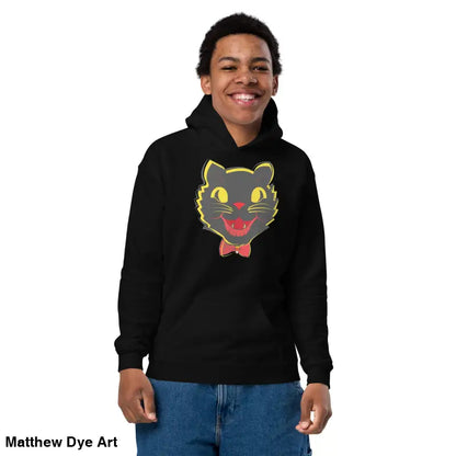 Black hoodie featuring vintage cat graphic for youth, combining comfort entwined with style
