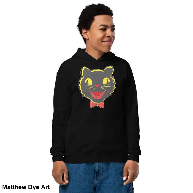 Black hoodie featuring vintage cat graphic for youth, ensuring comfort entwined