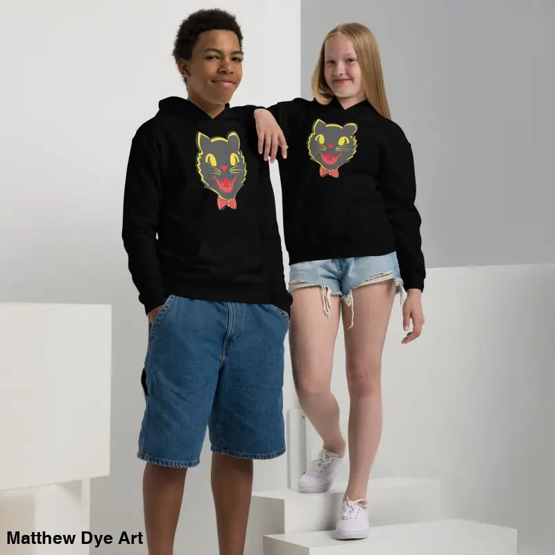 Matching black cat hoodies from the Little Trickster Vintage Cat Youth collection