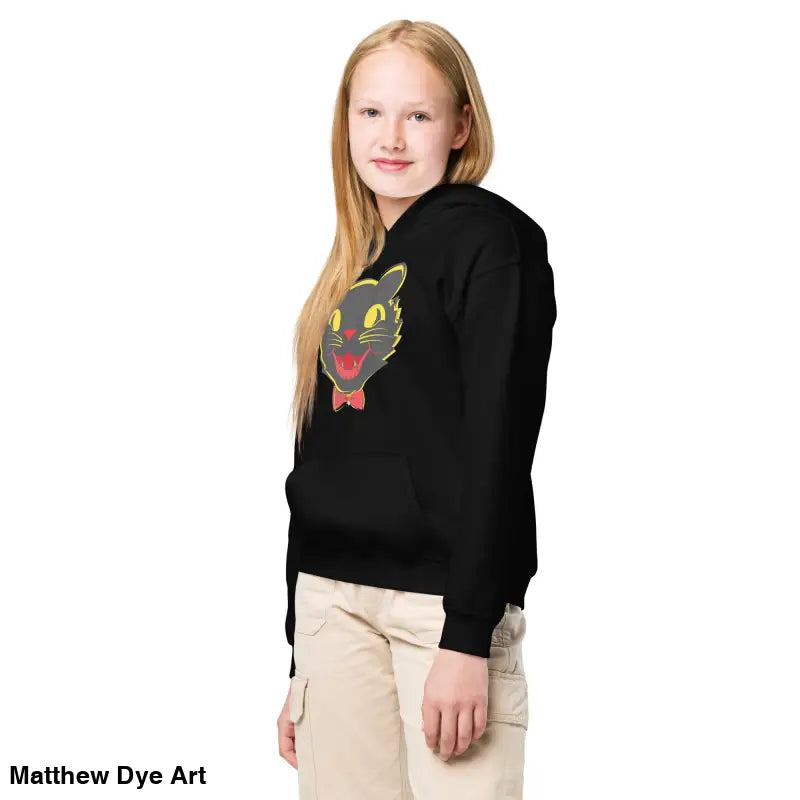 Black hoodie featuring a vintage cat graphic for youth comfort entwined in style