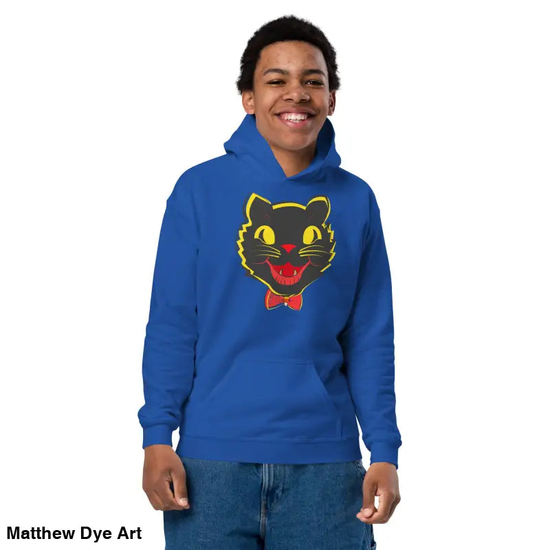 Blue heavy blend hoodie featuring a vintage cat graphic for youth comfort entwined