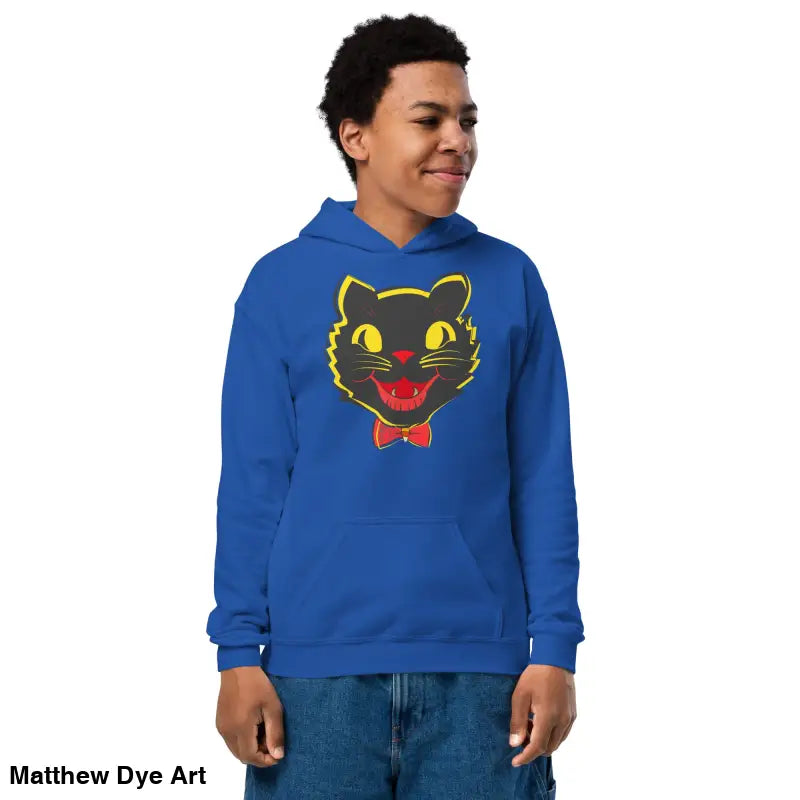 Blue hoodie featuring a black cat graphic, ideal vintage cat youth apparel for comfort entwined
