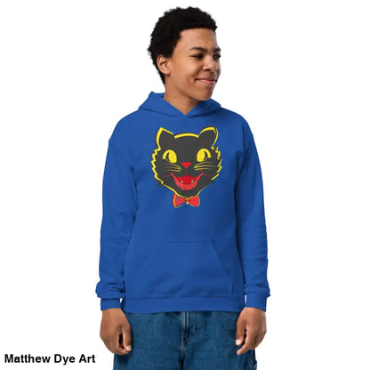 Blue hoodie featuring a black cat graphic, ideal vintage cat youth apparel for comfort entwined